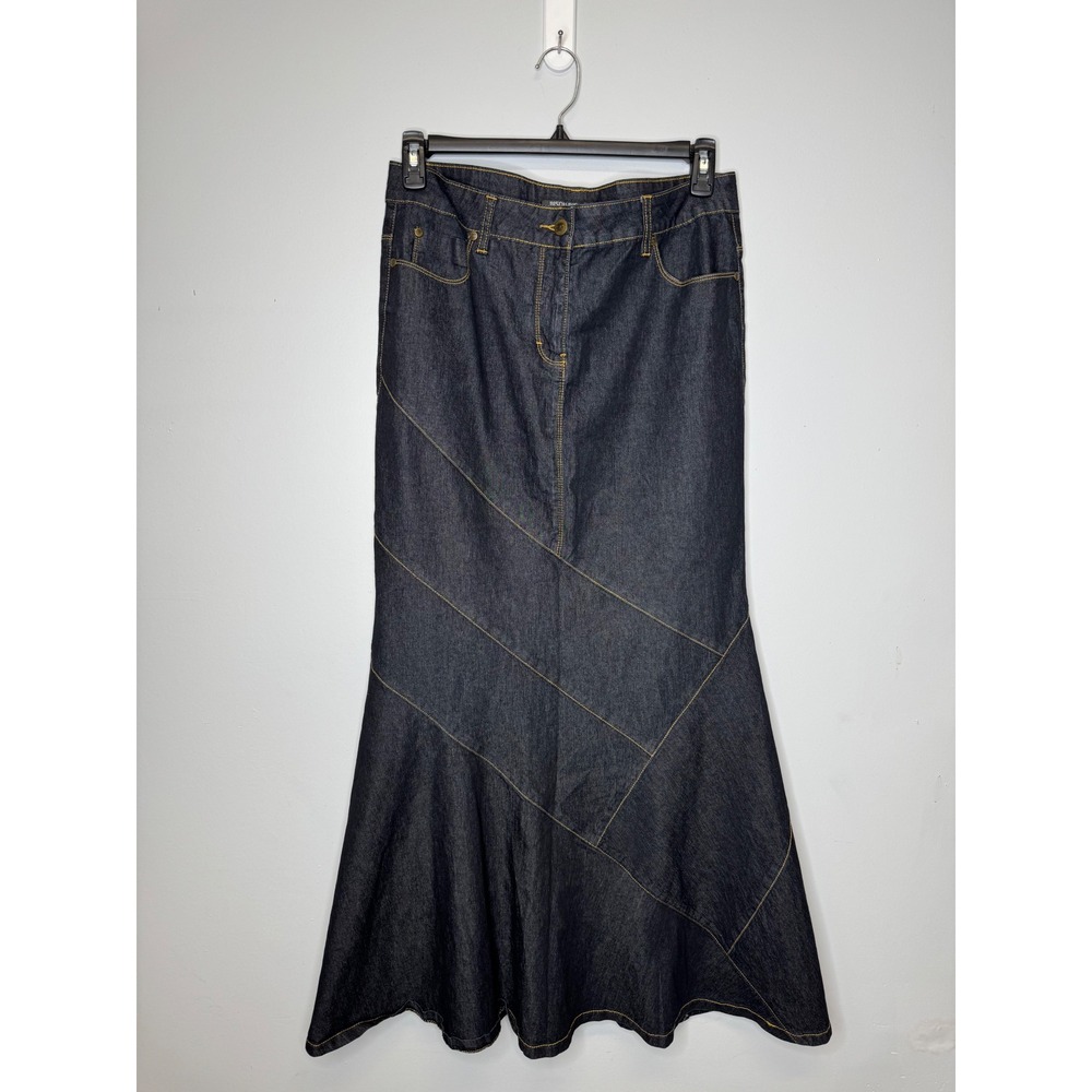 Bisou Bisou Vintage Y2K Dark Wash Denim Maxi Mermaid Skirt Contrast Stitch 12